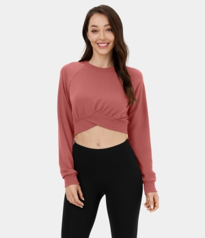 Halara Marshmallogy Crossover Hem Cropped Fleece Casual Sports Sweatshirt Women's Tops Brick Red | PXGWIQR-17