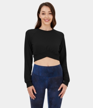 Halara Marshmallogy Crossover Hem Cropped Fleece Casual Sports Sweatshirt Women's Tops Black | TSVRQUC-25