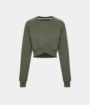 Halara Marshmallogy Crossover Hem Cropped Fleece Casual Sports Sweatshirt Women's Tops Winter Moss | YHFXQWK-06