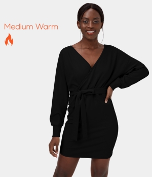 Halara Marshmallogy Everyday Deep V Neck Lace Up Fleece Mini Sweatshirt Women's Dress Black | 081739-HAE