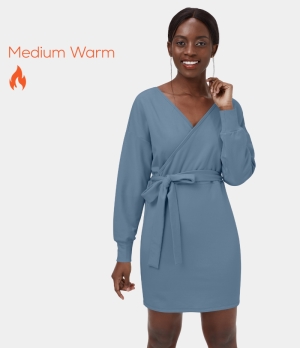 Halara Marshmallogy Everyday Deep V Neck Lace Up Fleece Mini Sweatshirt Women's Dress Provincial Blue | 736124-ERG