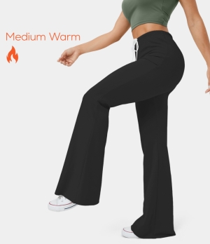 Halara Marshmallogy High Waisted Drawstring Super Flare Casual Fleece Women's Pants Black | 270469-ZMW