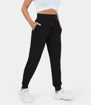 Halara Marshmallogy High Waisted Ribbed Drawstring Side Pocket Casual Fleece Women's Jogger Black | 176543-EMU