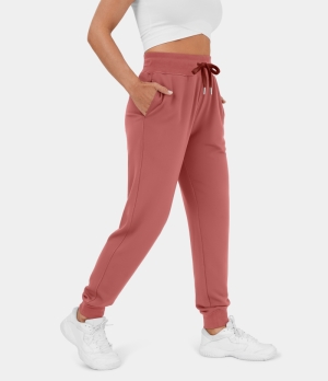 Halara Marshmallogy High Waisted Ribbed Drawstring Side Pocket Casual Fleece Women's Jogger Brick Red | 397651-KAM
