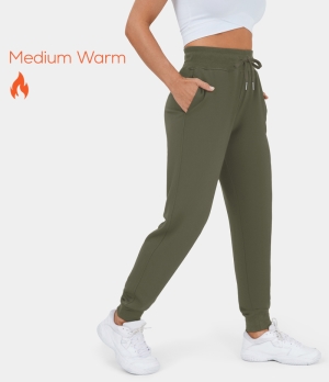 Halara Marshmallogy High Waisted Ribbed Drawstring Side Pocket Casual Fleece Women's Jogger Winter Moss | 562079-AUZ