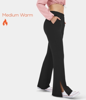 Halara Marshmallogy High Waisted Side Pocket Split Fleece Casual Flare Women's Pants Black | 146920-DQT