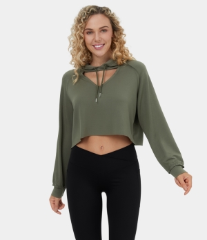 Halara Marshmallogy Hooded Drawstring Cut Out Cropped Casual Hoodie Sweatshirt Women's Tops Winter Moss | KRQTPHN-89