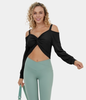 Halara Marshmallogy Twisted Cropped Casual Sweatshirt-Front and Back Wearable Women's Tops Black | HTVMOSQ-30