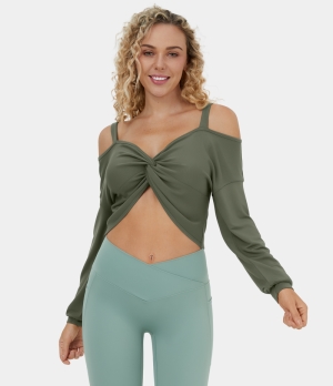 Halara Marshmallogy Twisted Cropped Casual Sweatshirt-Front and Back Wearable Women's Tops Winter Moss | ZADESJF-39