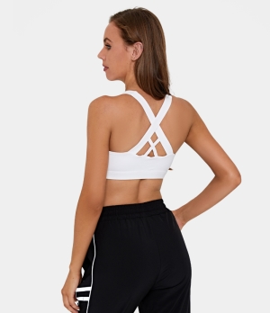 Halara Medium Support Backless Crisscross Running Sports Bra Women's Tops White | EONIXJQ-17