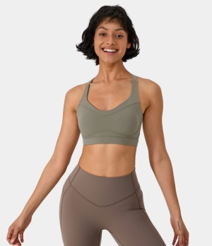 Halara Medium Support Backless Crisscross Adjustable Straps Gym Sports Bra Women's Tops Deep Olive | QNFLGAX-26