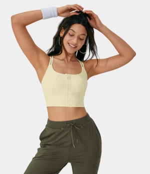 Halara Medium Support Contrast Mesh Double Straps Zip Front Sports Bra Women's Tops Milky Yellow | CZTJPML-39