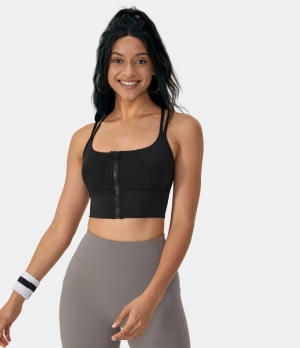 Halara Medium Support Contrast Mesh Double Straps Zip Front Sports Bra Women's Tops Black | MBQZDVX-16