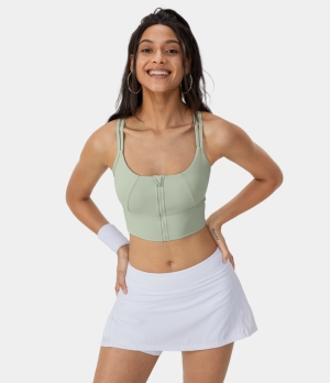 Halara Medium Support Contrast Mesh Double Straps Zip Front Sports Bra Women's Tops Mist | YGRNKWX-37