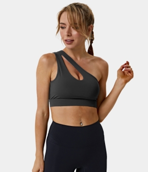 Halara Medium Support One Shoulder Cut Out Contrast Mesh Sports Bra Women's Tops Black | OLJNZXM-94