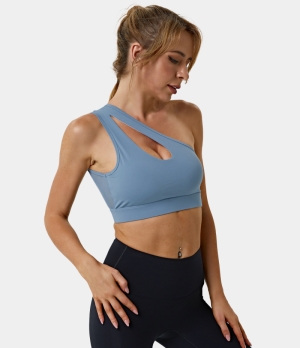 Halara Medium Support One Shoulder Cut Out Contrast Mesh Sports Bra Women's Tops Teal | OUHCMLQ-84