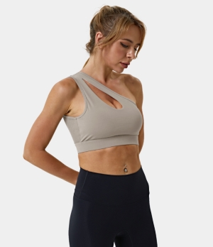 Halara Medium Support One Shoulder Cut Out Contrast Mesh Sports Bra Women's Tops Light Beige | RDZNUXS-46