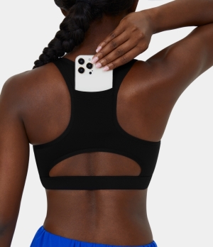 Halara Medium Support Racerback Cut Out Back Pocket Training Sports Bra Women's Tops Black | GBTFSEY-63