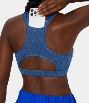 Halara Medium Support Racerback Cut Out Back Pocket Training Sports Bra Women's Tops Déja Vu Blue | PGMYSNH-94