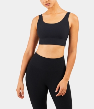 Halara Medium Support Ribbed Knit Longline Workout Sports Bra Women's Tops Black | JITFKWP-42