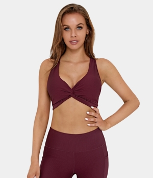 Halara Medium Support Ribbed Twisted Crisscross Workout Sports Bra Women's Tops Wine Red | UYMPVRQ-25
