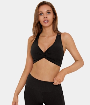 Halara Medium Support Ribbed Twisted Crisscross Workout Sports Bra Women's Tops Black | WIDLTXN-54