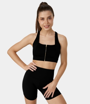Halara Medium Support Zip Front Backless Crisscross Cut Out Training Sports Bra Women's Tops Black | GDRCLAP-73