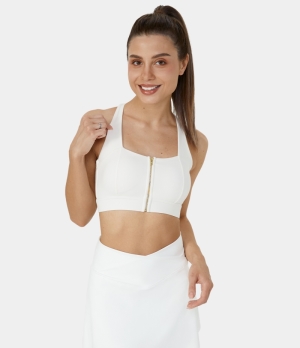 Halara Medium Support Zip Front Backless Crisscross Cut Out Training Sports Bra Women's Tops White | JNDOEIX-59