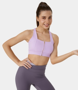 Halara Medium Support Zip Front Backless Crisscross Cut Out Training Sports Bra Women's Tops Orchid Bloom | MUBLSPZ-02