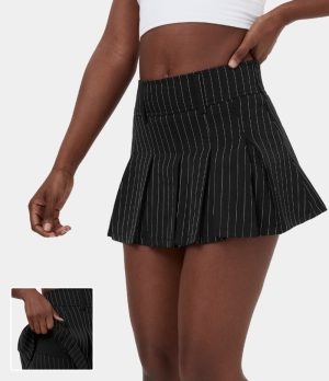 Halara Mid Rise 2-in-1 Striped Pleated Mini Casual Women's Skirts Black White Stripe | 713209-AWP