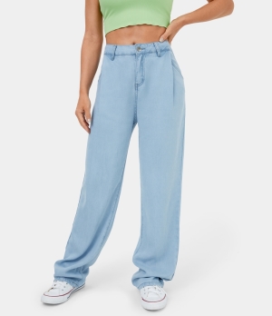 Halara Mid Rise Belted Button Zipper Pocket Denim Wide Leg Casual Women's Pants Skyride | 508917-TOW