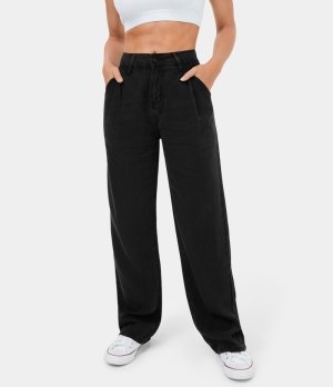 Halara Mid Rise Belted Button Zipper Pocket Denim Wide Leg Casual Women's Pants Black | 831254-FYJ