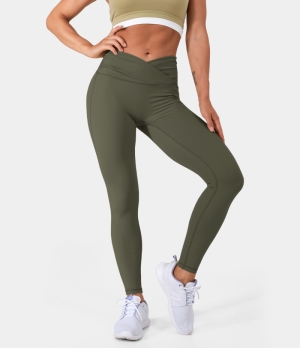 Halara Mid Rise Butt Lifting Crossover Ruched Women's Leggings Moss Green | 470568-QDW