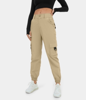 Halara Mid Rise Button Zip Multi Pockets Casual Cargo Women's Jogger Khaki | 504261-RUQ