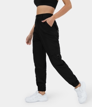 Halara Mid Rise Button Zip Multi Pockets Casual Cargo Women's Jogger Black | 982716-MID