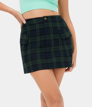 Halara Mid Rise Button Zipper Cargo Pocket Plaid Mini Casual Women's Skirts Blue Green Plaid | 432157-JSA
