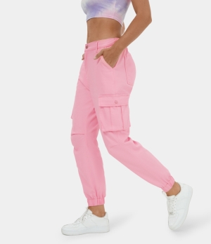 Halara Mid Rise Button Zipper Multi Pockets Casual Cargo Women's Jogger Romance Rose | 148736-IDV