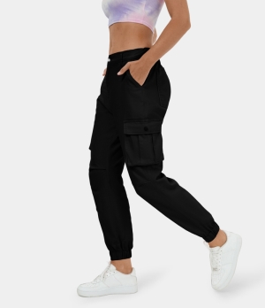 Halara Mid Rise Button Zipper Multi Pockets Casual Cargo Women's Jogger Black | 539814-EHI