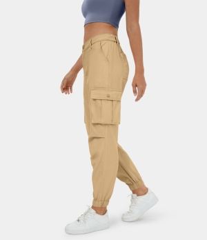 Halara Mid Rise Button Zipper Multi Pockets Casual Cargo Women's Jogger Curry | 903857-ANB