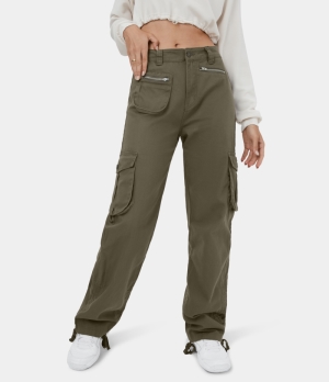 Halara Mid Rise Button Zipper Multiple Pockets Straight Leg Casual Cargo Women's Pants Stone Gray | 816259-KYR