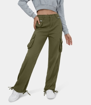 Halara Mid Rise Button Zipper Multiple Pockets Straight Leg Casual Cargo Women's Pants Sphagnum | 845160-SZJ
