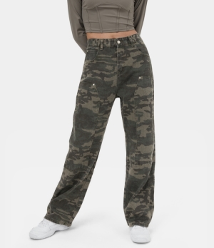 Halara Mid Rise Button Zipper Pocket Camo Casual Straight Leg Women's Pants Retro Camouflage | 490873-MFE