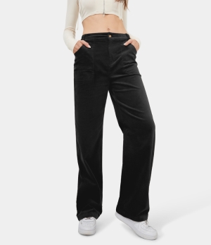 Halara Mid Rise Button Zipper Side Pocket Corduroy Straight Leg Casual Women's Pants Black | 028719-HCO