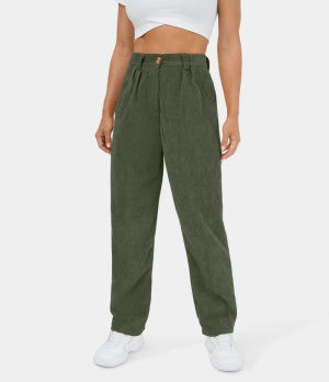 Halara Mid Rise Button Zipper Side Pocket Corduroy Casual Women's Pants Rifle Green | 085934-ZXU