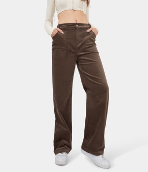 Halara Mid Rise Button Zipper Side Pocket Corduroy Straight Leg Casual Women's Pants Cocoa | 102749-CGK