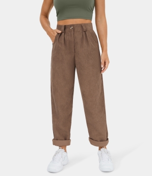 Halara Mid Rise Button Zipper Side Pocket Corduroy Casual Women's Pants Coca Mocha | 186054-XQK