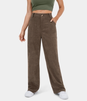Halara Mid Rise Button Zipper Side Pocket Corduroy Wide Leg Casual Women's Pants Coffee Quartz | 274139-QJT