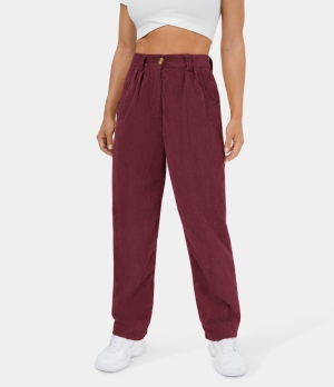 Halara Mid Rise Button Zipper Side Pocket Corduroy Casual Women's Pants Deep Wine | 362051-ICE