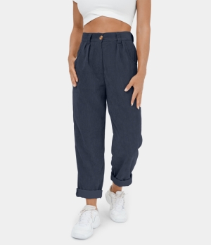 Halara Mid Rise Button Zipper Side Pocket Corduroy Casual Women's Pants Peacoat | 436217-RAQ