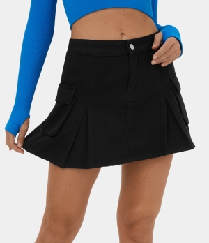 Halara Mid Rise Button Zipper Side Pocket 2-in-1 Mini Casual Pleated Cargo Women's Skirts Black | 523109-DXE